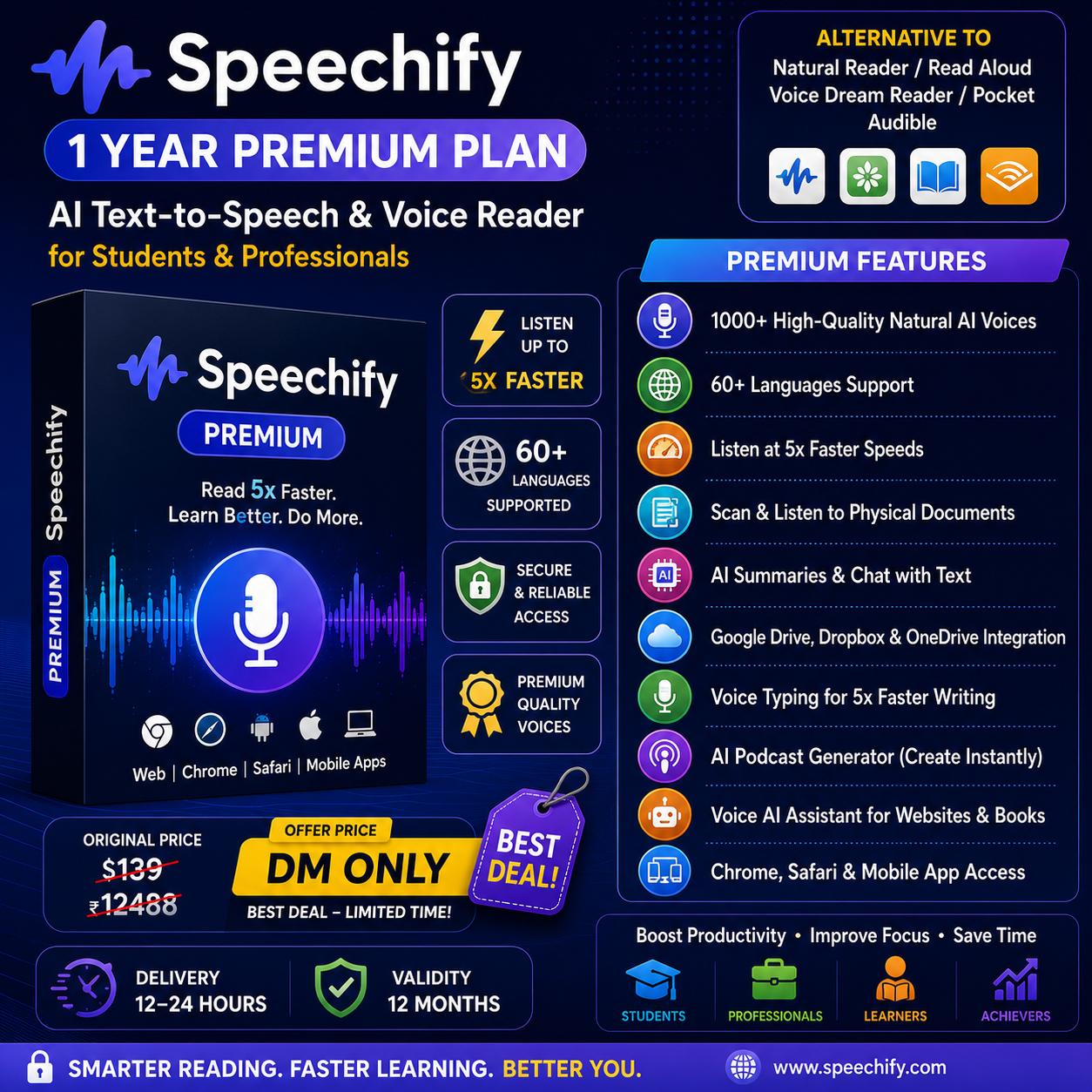 Speechify Premium 1 Year Subscription – AI Text-to-Speech & Voice Reader | Premium Plan